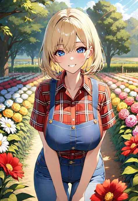 1 girl, solo, best quality, ultra detailed, Blonde, blue eye, detailed eyes, smile, red plaid shirt, short blonde hair, southern...