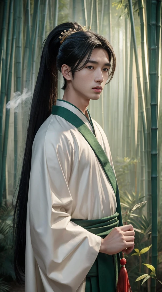 (masterpiece:1.2),best quality,PIXIV,Chinese style,hair ornament,solo,jewelry,black hair,white flower,long hair,A close-up of a boy in a bamboo forest, long black hair, ponytail, green headdress, carrying a lantern, bamboo leaves falling, hazy smoke, green Hanfu,23 year old boy,1boy,pretty 23 year old boy,professional boy photo, photo of boy 23 years old, thin boy,mature beautiful face,fair skin,super scale, 24k,hdr,perfect body boy,blush, big Ogi folding fan,parted lips,black eyes,tassel,lips,chinese clothes,pretty boy,smooth skin,