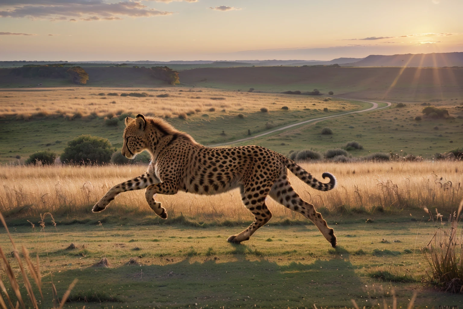 (best quality,4k,8k,highres,masterpiece:1.2),ultra-detailed,(realistic,photorealistic,photo-realistic:1.37),cheetah,muscular defined body,sharp intense eyes,running across grassland,sunset rays,high-speed motion blur,wildlife photography,rich details,HD quality,3D rendering,vivid colors,studio lighting