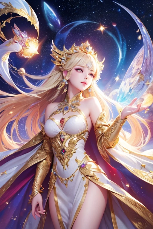 (masterpiece、Highest quality、High resolution、8K、16K)、((Alone in space、Beautiful Goddess、Standing posture、フローティング  the sky like a star))、((whole body))、Golden Cape、White long dress、No sleeve、Adorned with vibrant jewels、Gold Bracelet、Blonde middle、Beautiful brown eyes、A kind smile、Mouth closed、Elegant and detailed face、Graceful operation、Place one hand under your chest、Professional Lighting、The universe is full of light、Countless stars and nebulae、