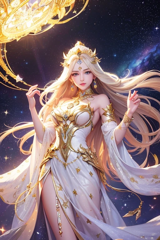 (masterpiece、Highest quality、High resolution、8K、16K)、((Alone in space、Beautiful Goddess、Standing posture、フローティング  the sky like a star))、((whole body))、Golden Cape、White long dress、No sleeve、Adorned with vibrant jewels、Gold Bracelet、Blonde middle、Beautiful brown eyes、A kind smile、Mouth closed、Elegant and detailed face、Graceful operation、Place one hand under your chest、Professional Lighting、The universe is full of light、Countless stars and nebulae、