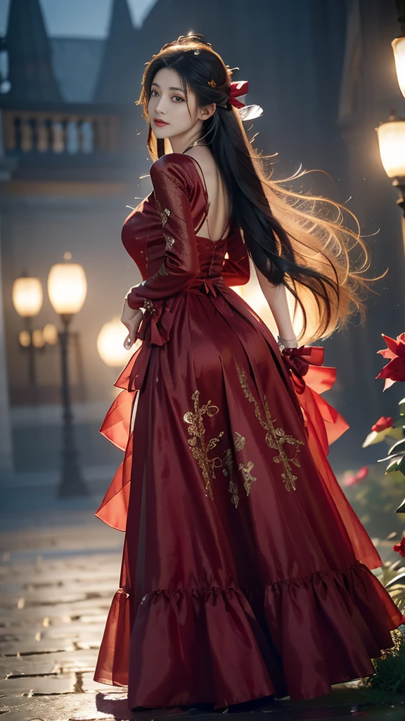 1 Girl, Long hair, Bright Hair Color, Seductive eyes, Mysterious expression, Mature appearance, Charming dress, floating dress, Elegant Jewelry, Complex decoration, Magic Symbols, Lighting accessories, potion, reel, Lovely Accent, bow, Ribbon, Flowers,