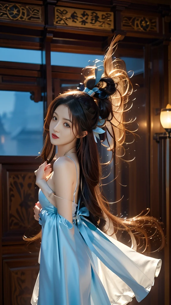 1 Girl, Long hair, Bright Hair Color, Seductive eyes, Mysterious expression, Mature appearance, Charming dress, floating dress, Elegant Jewelry, Complex decoration, Magic Symbols, Lighting accessories, potion, reel, Lovely Accent, bow, Ribbon, Flowers,