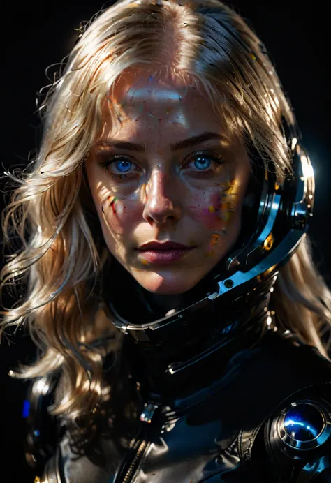 a woman with shimmering golden-platinum hair, deep blue eyes, wearing a black spacesuit, hyperrealistic, highly detailed, raw un...