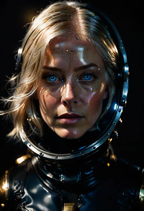 a woman with shimmering golden-platinum hair, deep blue eyes, wearing a black spacesuit, hyperrealistic, highly detailed, raw un...