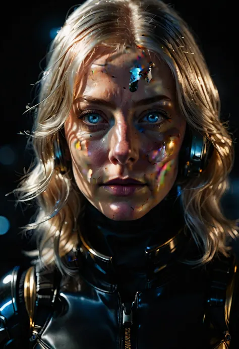 a woman with shimmering golden-platinum hair, deep blue eyes, wearing a black spacesuit, hyperrealistic, highly detailed, raw un...