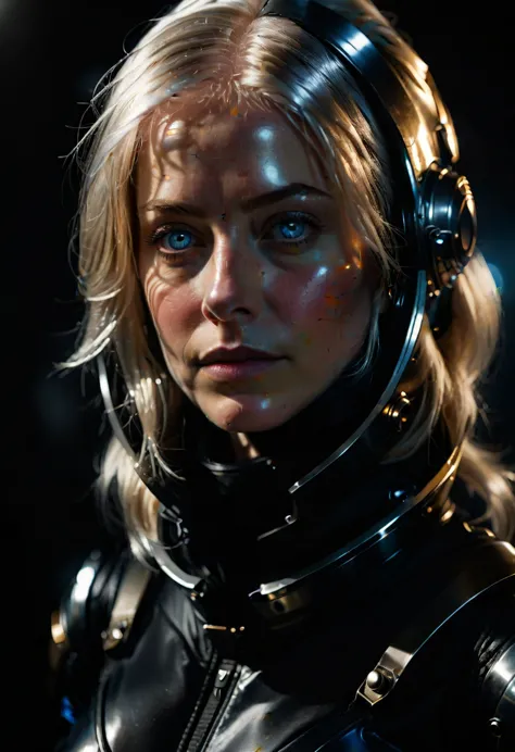 a woman with shimmering golden-platinum hair, deep blue eyes, wearing a black spacesuit, hyperrealistic, highly detailed, raw un...