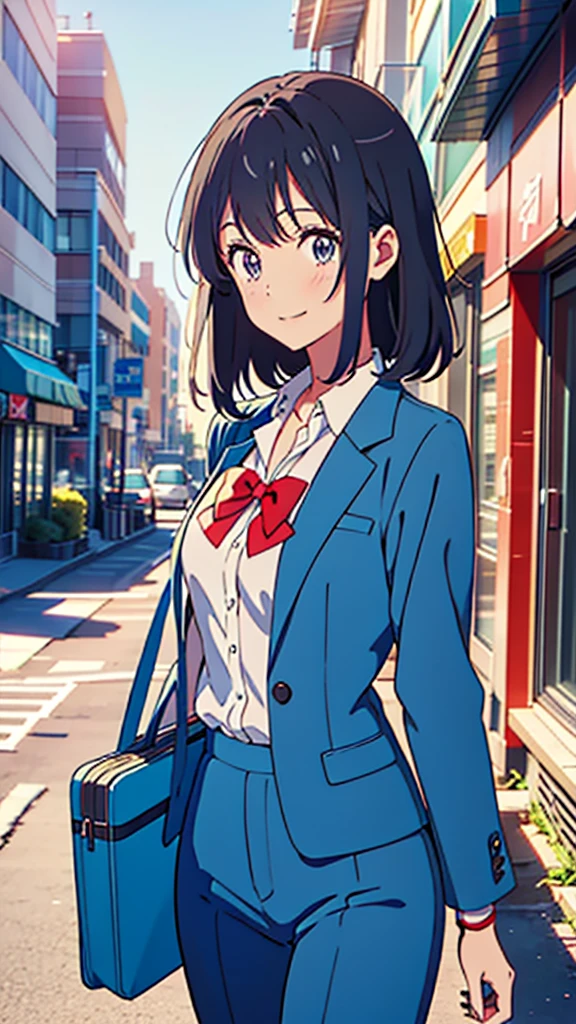 일본 만화 영화 14 years-old girl in a blue suit and tie with a smile, 전형적인 괴짜, 일본 만화 영화 moe artstyle, 미호요 아트 스타일, 치호, 비밀 학계에서, 러브랩, stylized 일본 만화 영화, young 일본 만화 영화 girl, 일본 만화 영화 style character, 일본 만화 영화 stylized, yuruyuri, 밝은 피부, 긴 검은 머리, 회녹색 눈을 가진 소녀, 그녀는 별 모양의 펜던트를 착용하고 있습니다, 그녀의 눈과 같은 색, 원 안에는 키가 큰 소녀가 있고, 청록색과 파란색의 일본 선원 모양의 나비넥타이를 착용하고 있습니다., ((작은 가슴:0.55)), 일본 만화 영화, (걸작, 최고의 품질:1,2), 영화 조명, 그려진 예술, 클립 스튜디오 페인트, 일본 만화 영화 wallpaper, 깊은 색, 셀 음영처리된, ((도시를 걷다))