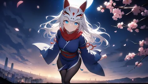 (masterpiece, best quality:1.2), 1girl, 独奏,wolf girl, fox mask, ninja, girl, long white hair, odd eyes, blue kimono, ninja girl,...