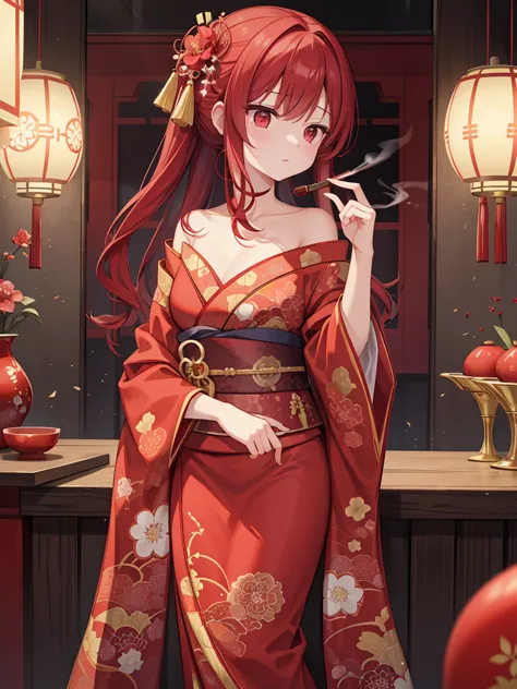 in a crimson background、a woman with long red hair is standing。she is wearing a traditional red kimono.、the kimono has intricate...