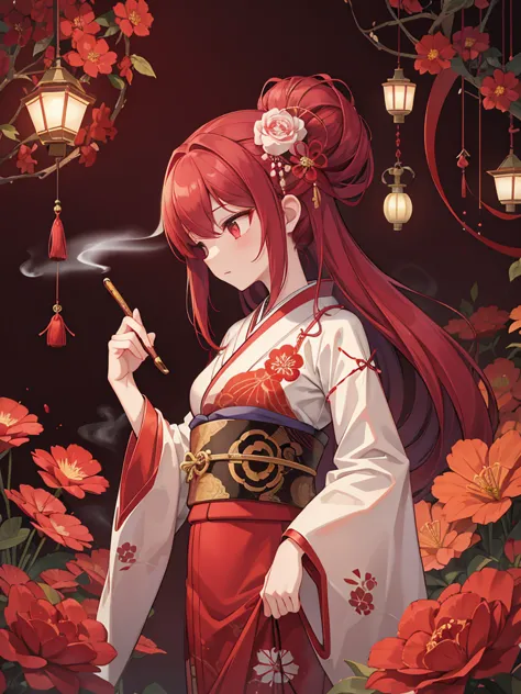 in a crimson background、a woman with long red hair is standing。she is wearing a traditional red kimono.、the kimono has intricate...