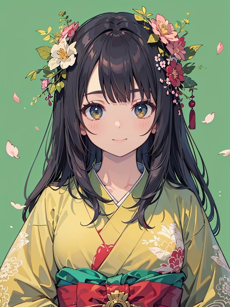 Official Art, wallpaper, Very detailed, (((Very detailedな目と顔))), shut your mouth, Warm smile，1 Girl，Arms hanging down，Half Body，Medium shot，masterpiece, best quality, Realistic Portraits, (Zendispute, Mandala, dispute, Endispute), kimono, Very detailed, Dynamic Angle, The most beautiful form of chaos, elegant, Brutalist design, Vibrant colors, Romantic cherry blossoms，Green Background