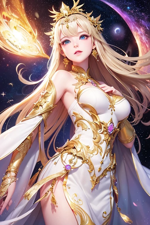 (masterpiece、Highest quality、High resolution、8K、16K)、((Alone in space、Beautiful Goddess、Standing posture、フローティング in the sky like a star))、((whole body))、Golden Cape、White long dress、No sleeve、Adorned with vibrant jewels、Gold Bracelet、Blonde middle、Beautiful brown eyes、A kind smile、Mouth closed、Elegant and detailed face、Graceful operation、Place one hand under your chest、Professional Lighting、The universe is full of light、Countless stars and nebulae、