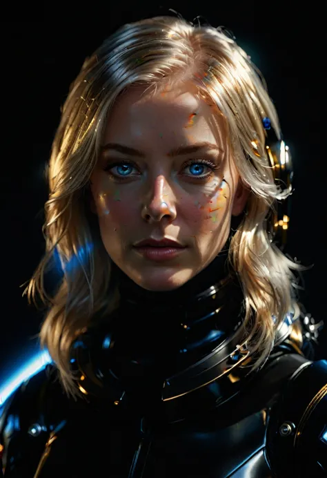 a woman with shimmering golden-platinum hair, deep blue eyes, wearing a black spacesuit, hyper-realistic, extremely detailed, un...