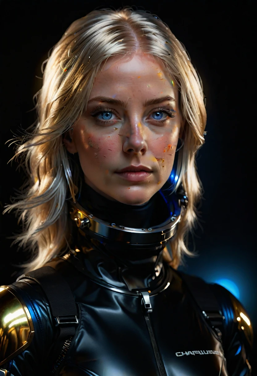 a woman with shimmering golden-platinum hair, deep blue eyes, wearing a black spacesuit, hyper-realistic, extremely detailed, unprocessed photographic quality, masterpiece, 8k, best quality, ultra-detailed, photorealistic, photo-realistic, physically-based rendering, extreme detail description, professional, vivid colors, studio lighting, sharp focus, realistic, cinematic lighting, dramatic shadows, chiaroscuro, moody, atmospheric, epic, grandiose, imposing, monumental, awe-inspiring