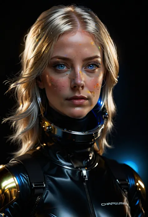 a woman with shimmering golden-platinum hair, deep blue eyes, wearing a black spacesuit, hyper-realistic, extremely detailed, un...