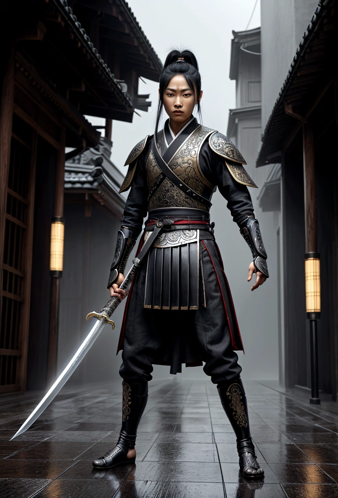 hyper realist, extremely detaild, intricate details, digital art of a Japanese warrior standing sideways, looking sad at the floor ,with light black clothes and holding only a sword in each hand pointed downwards on a sad rainy day. fancy