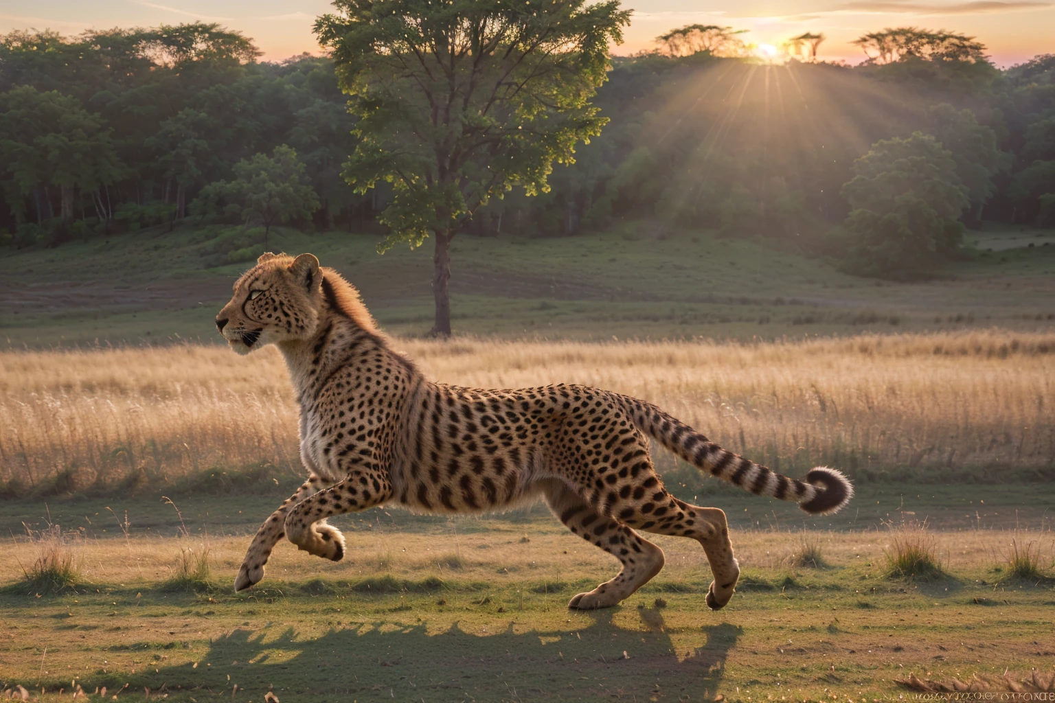 (best quality,4k,8k,highres,masterpiece:1.2),ultra-detailed,(realistic,photorealistic,photo-realistic:1.37),cheetah,muscular defined body,sharp intense eyes,running across grassland,sunset rays,high-speed motion blur,wildlife photography,rich details,HD quality,3D rendering,vivid colors,studio lighting