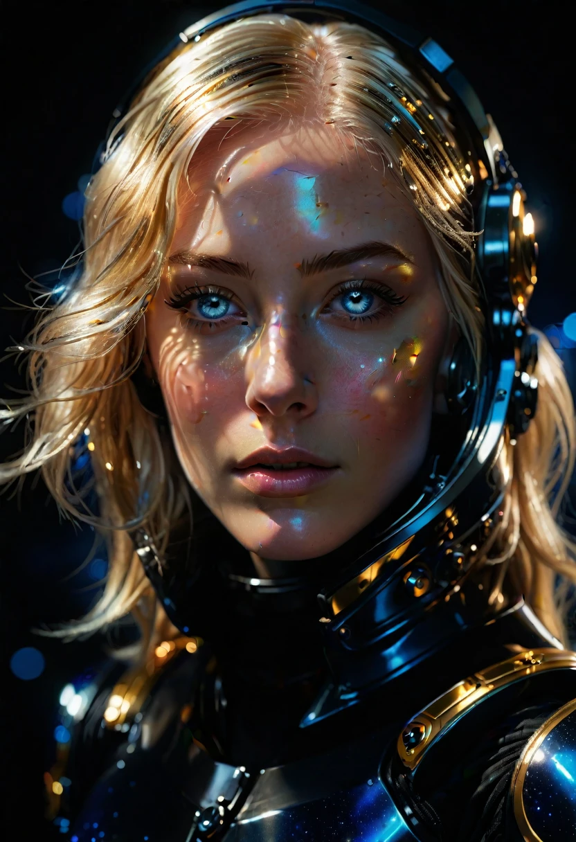 maximally realistic and detailed prompt with hyperbolization and unprocessed photographic quality,woman with shimmering golden-platinum hair,deep blue eyes,black spacesuit,masterpiece,ultra-detailed,photorealistic,highly detailed face and eyes,long eyelashes,glowing skin,flowing hair,intricate spacesuit textures,dramatic lighting,cinematic composition,sci-fi atmosphere,vibrant colors,glossy surfaces,dramatic shadows,depth of field