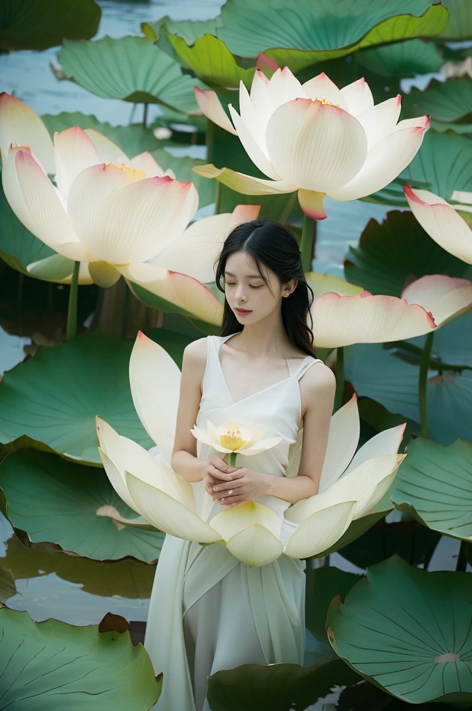 light pink and light white shades,Full body female love,  White background, natural lighting, Light effect, minimalist, elegant, pure tenderness, soft light lighting, realistically. a woman is (clavicle, bshoulder,) placed in a (pray and stand) super giant lotus，The petals are big and long (The petals are thin, soft gauze, Full background of flowing petals, floating petals, super flying petals, Mixed effect of smoke and petals), lotus dress,((perspective)).lotus_leaf_fairy