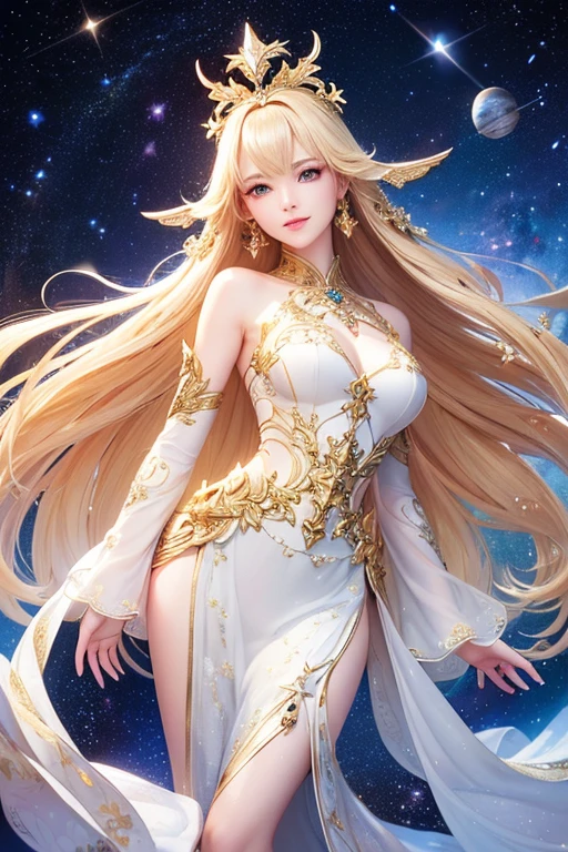 (masterpiece、Highest quality、High resolution、8K、16K)、((Alone in space、Beautiful Goddess、Standing posture、フローティング  the sky like a star))、((whole body))、Golden Cape、White long dress、No sleeve、Adorned with vibrant jewels、Gold Bracelet、Blonde middle、Beautiful brown eyes、A kind smile、Mouth closed、Elegant and detailed face、Graceful operation、Place one hand under your chest、Professional Lighting、The universe is full of light、Countless stars and nebulae、