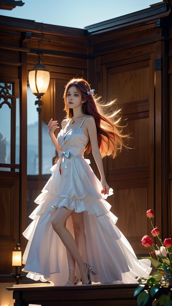 1 Girl, Long hair, Bright Hair Color, Seductive eyes, Mysterious expression, Mature appearance, Charming dress, floating dress, Elegant Jewelry, Complex decoration, Magic Symbols, Lighting accessories, potion, reel, Lovely Accent, bow, Ribbon, Flowers,