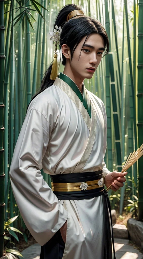 (masterpiece:1.2),best quality,PIXIV,Chinese style,hair ornament,solo,jewelry,black hair,white flower,black long hair,A close-up of a boy in a bamboo forest, long black hair, ponytail, green headdress, carrying a lantern, bamboo leaves falling, hazy smoke, green Hanfu,23 year old boy,1boy,pretty 23 year old boy,professional boy photo, photo of boy 23 years old, thin boy,mature beautiful face,fair skin,super scale, 24k,hdr,perfect body boy,blush, big Ogi folding fan,parted lips,black eyes,tassel,lips,chinese clothes,pretty boy,smooth skin,