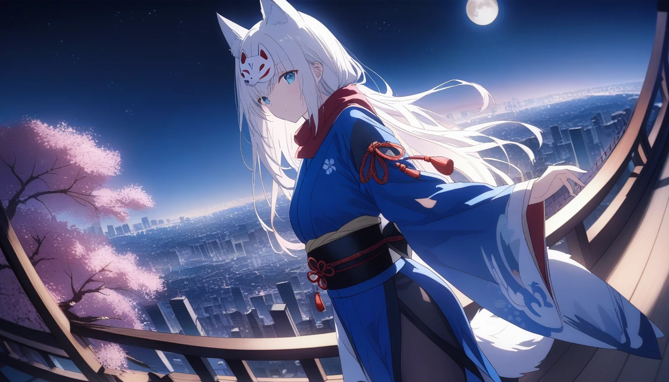 A magnificent view of the city from the treetopasterpiece, best quality:1.2), 1girl, 独奏,Wolf girl, fox mask, ninja, girl, long white hair, odd eyes, blue kimono, ninja girl, red and blue scarf,Dancing Cherry Blossoms,Full moon backlighting, light coming in, fantastic atmosphere.night、Shadows of light and darkness、Eyes glowing in the dark、Black fox mask、Fisheye Lens、Expansive starry sky、long hair that spreads、Overlooking the city from atop a large cherry tree、