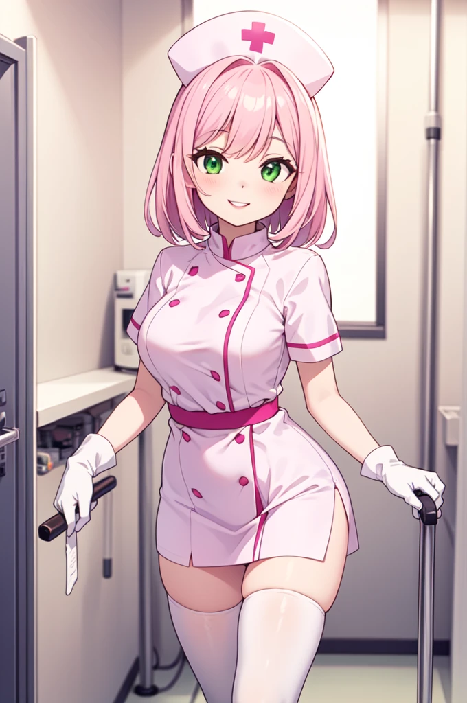 1woman, solo, nurse, white nurse cap, white nurse uniform, ((white legwear, zettai ryouiki)), white gloves, pink hair, green eyes, drooping eyes, pink lips, smile, standing, ((hospital room)), sharp outline, short sleeves, mature female, 32 years old, best quality, masterpiece