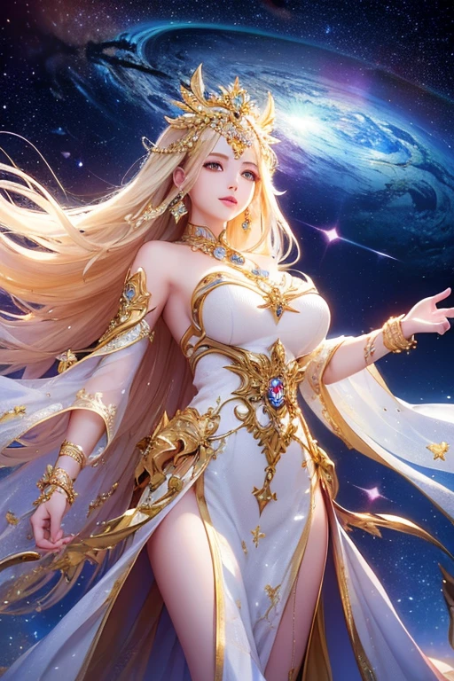 (masterpiece、Highest quality、High resolution、8K、16K)、((Alone in space、Beautiful Goddess、Standing posture、フローティング in the sky like a star))、((whole body))、Golden Cape、White long dress、No sleeve、Adorned with vibrant jewels、Gold Bracelet、Blonde middle、Beautiful brown eyes、A kind smile、Mouth closed、Elegant and detailed face、Graceful operation、Place one hand under your chest、Professional Lighting、The universe is full of light、Countless stars and nebulae、