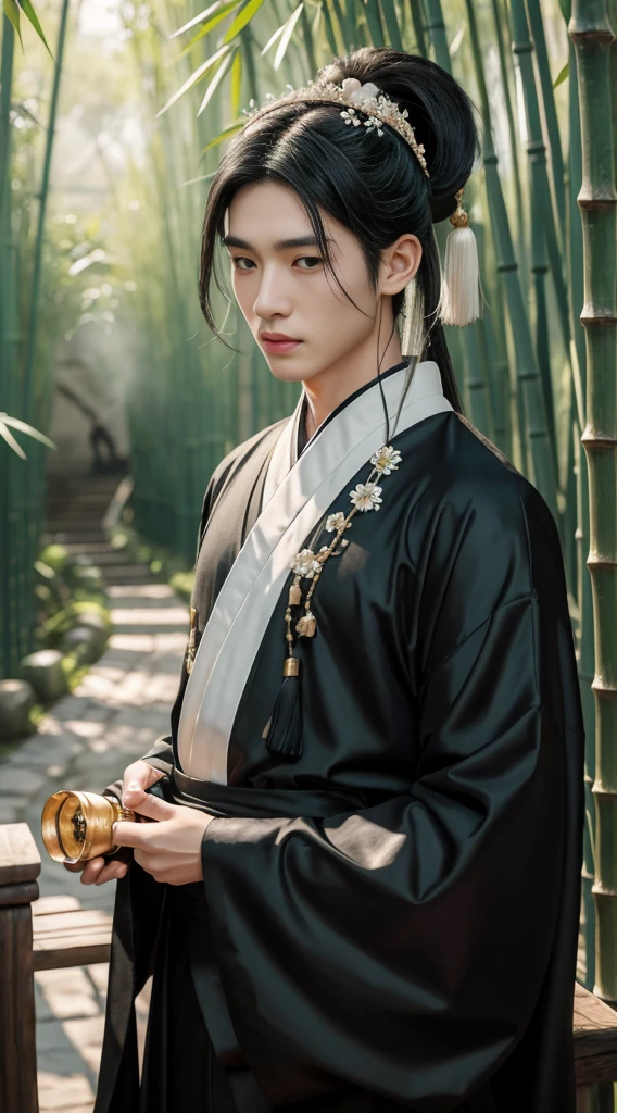 (masterpiece:1.2),best quality,PIXIV,Chinese style,hair ornament,solo,jewelry,black hair,white flower,black long hair,A close-up of a boy in a bamboo forest, long black hair, ponytail, green headdress, carrying a lantern, bamboo leaves falling, hazy smoke, green Hanfu,23 year old boy,1boy,pretty 23 year old boy,professional boy photo, photo of boy 23 years old, thin boy,mature beautiful face,fair skin,super scale, 24k,hdr,perfect body boy,blush, big Ogi folding fan,parted lips,black eyes,tassel,lips,chinese clothes,pretty boy,smooth skin,