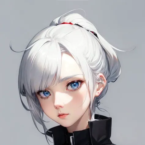 anime white hair girl and blue eyes with a red bow, white hair girl, stunning anime face portraits, perfect white hair girl, gir...