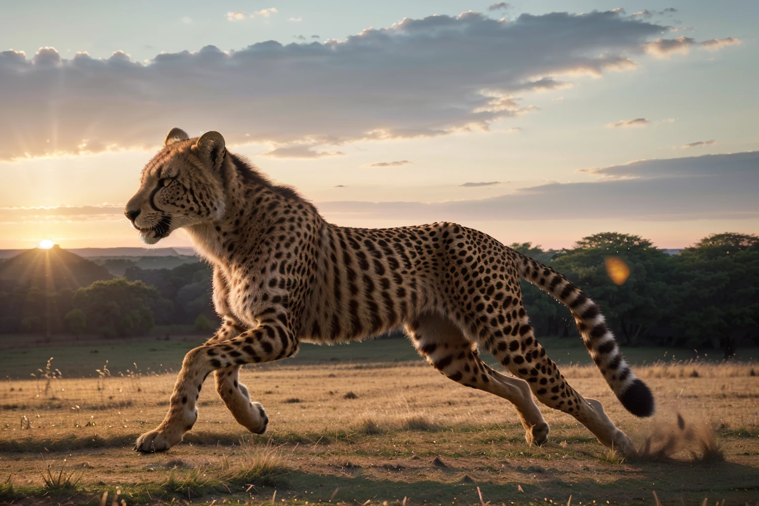 (best quality,4k,8k,highres,masterpiece:1.2),ultra-detailed,(realistic,photorealistic,photo-realistic:1.37),cheetah,muscular defined body,sharp intense eyes,running across grassland,sunset rays,high-speed motion blur,wildlife photography,rich details,HD quality,3D rendering,vivid colors,studio lighting