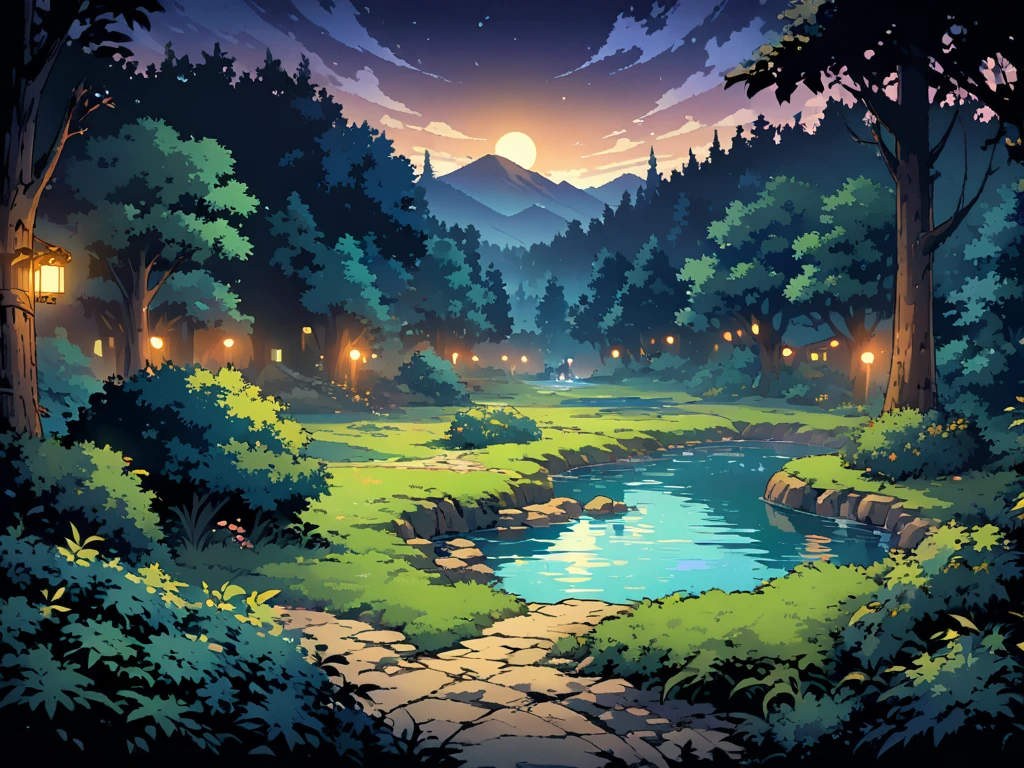 forest，The forest is shrouded in a mysterious glimmer，There is a lake in the forest，There are only bushes and trees around the lake.，night，Night view。Mid-ground composition，Panorama pictures，Scene screen，Game concept art style，Anime illustration style，HD，4K。