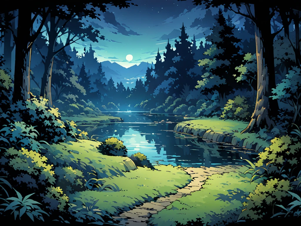 forest，The forest is shrouded in a mysterious glimmer，There is a lake in the forest，There are only bushes and trees around the lake.，night，Night view。Mid-ground composition，Panorama pictures，Scene screen，Game concept art style，Anime illustration style，HD，4K。