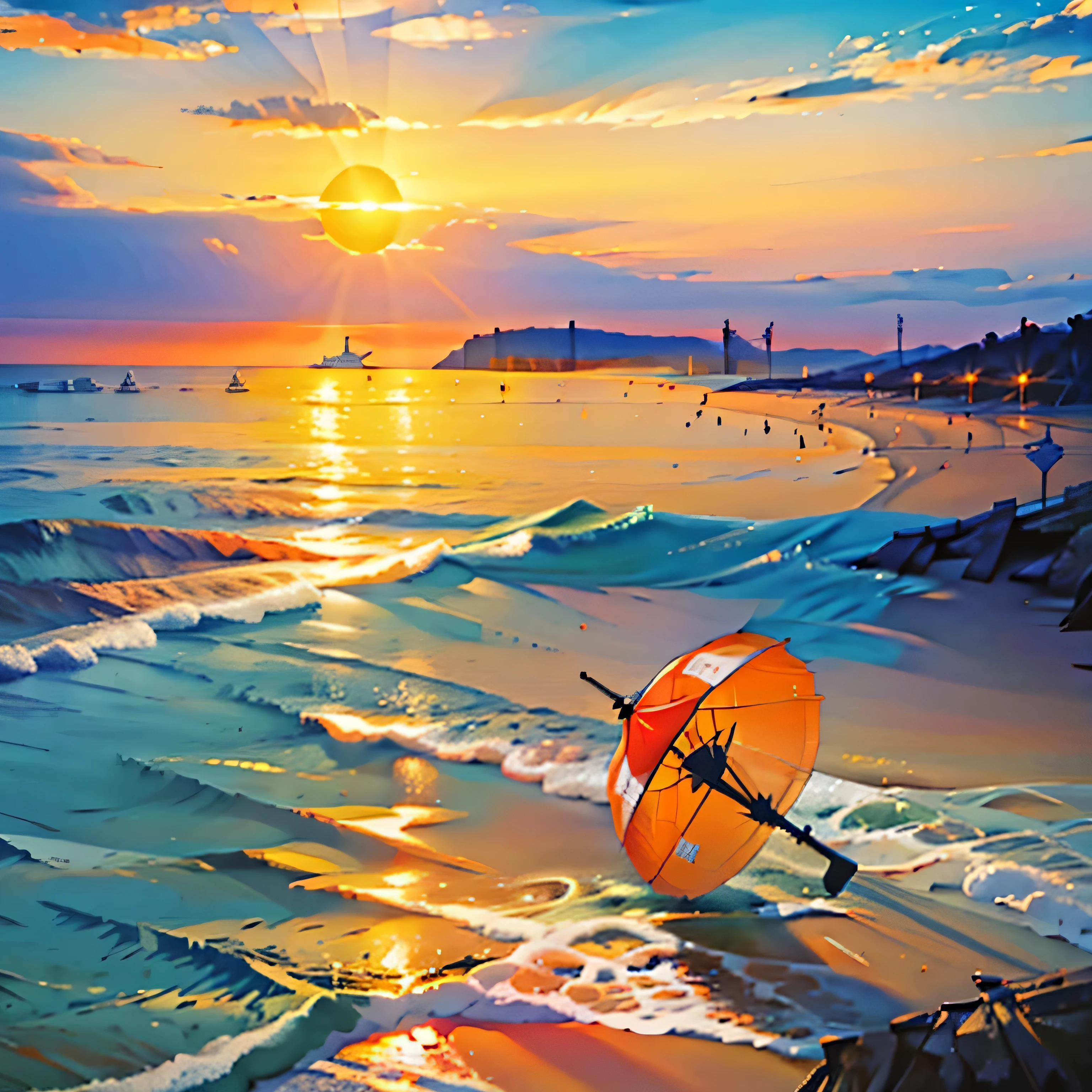 Huge bright orange sun，Rising from the sea，There is a speedboat on the horizon.，There is a beach nearby，There is a parasol and a beach volleyball on the beach，The sky is blue