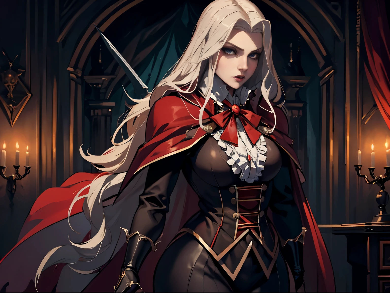 (((dracula )))8k,((from Castlevania)((elegant))(((red cape))) beautiful,((elegant)),(((wear tight clothing )))((has a sword)))8k, hyperrealistic,(((Empty dark background))) ,(((Empty dark background)))., Softly lit, Intimate exquisite detail, sharp focus, intricately detailed, award-winning photography, small spotlight, low contrast, high sharpness, facial symmetry, depth of field, cinematic background, Unreal Engine Rendering, central image, dreamlike, Softly lit, intimate, imagen de whole body ,whole body, hdri, alucardcastlevania
