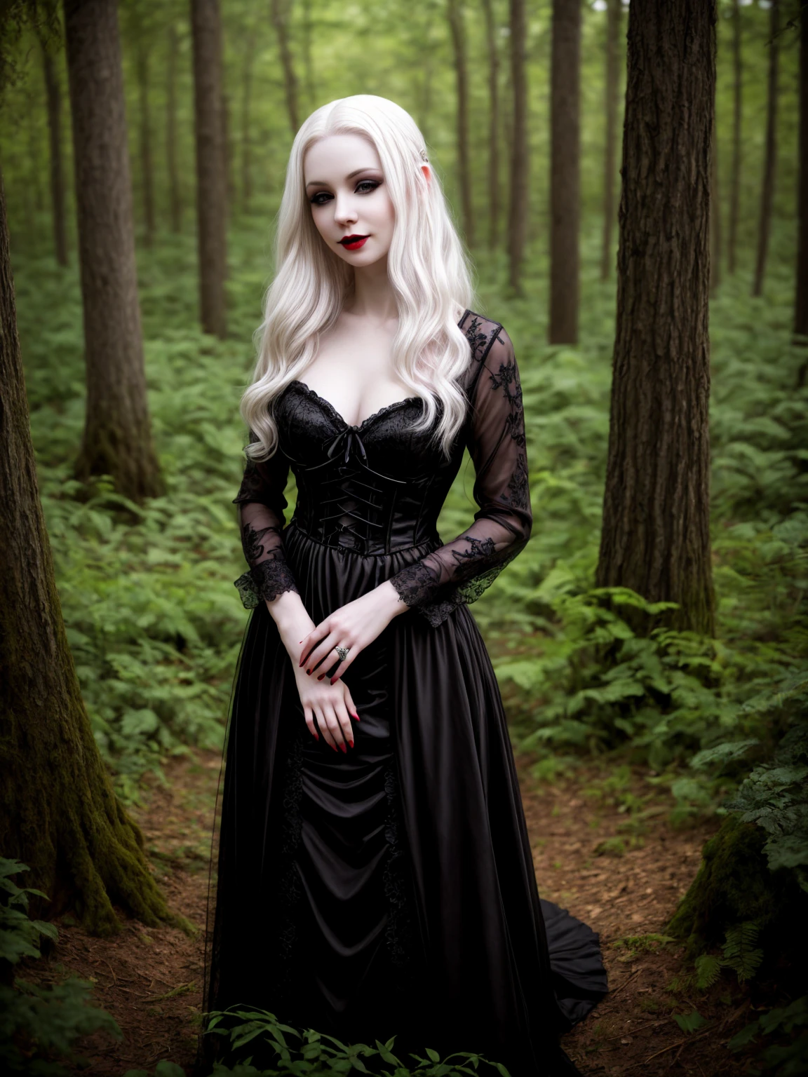 female sexy vampire|albino, pale porcelain skin, sexy vintage black dress, smile, shallow depth of field, grin|creepy, nightfall, detailed face, night, wide hips, narrow waist, portrait of woman standing, detailed eyes, portrait of woman standing, 8k RAW photo, highest quality, looking at the viewer, best shadow, intricate details, long hair, bright eyes, forest, grave, gothic, goth detailed, highres, high qualilty, high saturation