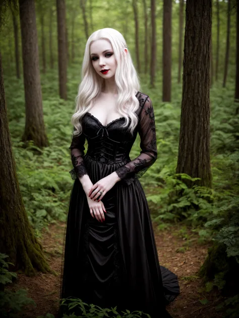 female sexy vampire|albino, pale porcelain skin, sexy vintage black dress, smile, shallow depth of field, grin|creepy, nightfall...