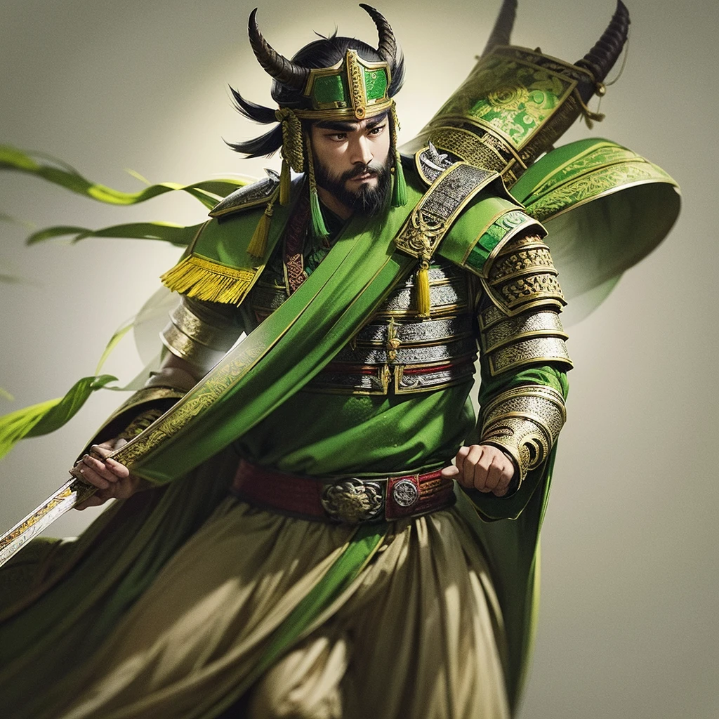 Full-length portrait of Chinese Liu Bei. His appearance is goat's beard, soft and charismatic. His topknot and light green armor unique to ancient China.