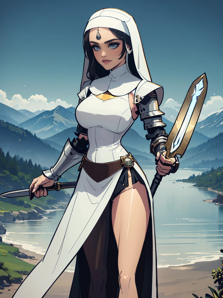 (masterpiece, top quality, best quality, official art, beautiful and aesthetic:1.2), (1girl:1.3), ((Sharp facial features, sharp features, hawkish features)), ((blue eyes)), busty brunette paladin knight girl, extremely detailed, portrait, looking at viewer, solo, (full body:0.6), detailed background, full-body shot, (warm mountain meadow theme:1.1), holy knight, (nun), charlatan, smirk, mysterious, swaying in mountains, armor, polished metal, gold trim, long boots, white fabric, pelvic curtain, robe, pale leather, ((((nun, greatsword, corona, holy aura, heavy armor, armored, long legs, pelvic curtain, toned, muscular)))), slim waist, slim hips, long legs, medieval (mountain exterior:1.1) background, dark mysterious lighting, shadows, magical atmosphere, dutch angle