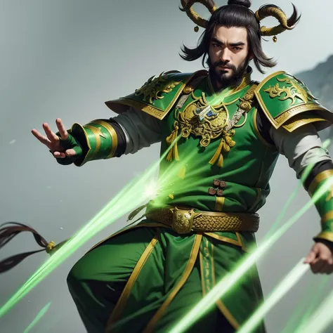 full-length portrait of chinese liu bei. his appearance is goat's beard, soft and charismatic. his topknot and light green armor...