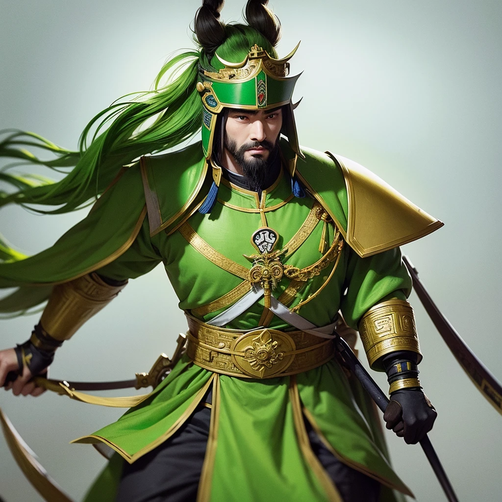 Full-length portrait of Chinese Liu Bei. His appearance is goat's beard, soft and charismatic. His topknot and light green armor unique to ancient China.