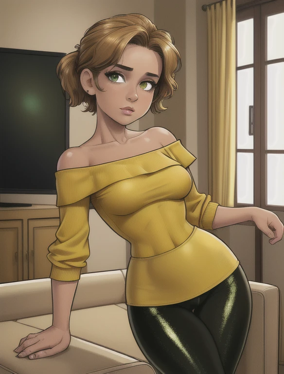 (best quality:1.3), (4K quality),masterpiece, best quality, high res, detailed, (Detailed face:1.2), (Detailed eyes:1.2), (Hourglass figure:1.2), 1girl, solo, 36-years-old, tan olive skin, short blonde hair, pony tail hair style, green eyes, approximately 5'2" tall, ((Wearing a yellow off-shoulder top and shiny black leggings)), standing in the middle of the living room, couch, TV, carpet, relaxed atmosphere, cinematic lighting, detailed background,
