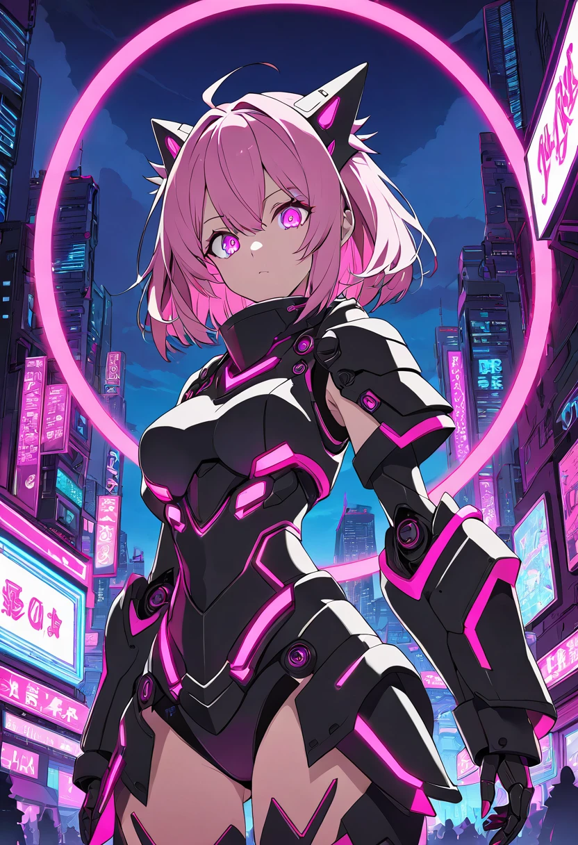 Craft an 8k anime-style illustration of a robot girl with short, detailed eyes, spiky neon-pink hair and digital magenta eyes. She wears futuristic battle armor with sharp edges and a vibrant array of shifting neon lights. The background is a dystopian cityscape at dusk, with neon signs flickering in the twilight and the silhouette of a sprawling metropolis outlined against the fading light.