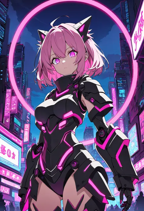Craft an 8k anime-style illustration of a robot girl with short, detailed eyes, spiky neon-pink hair and digital magenta eyes. S...