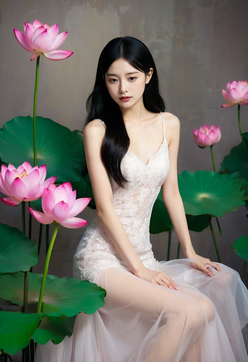 light pink and light white shades,Full body female love,  White background, natural lighting, Light effect, minimalist, elegant, pure tenderness, soft light lighting, realistically. a woman is (clavicle, bshoulder,) placed in a (pray and stand) super giant lotus，The petals are big and long (The petals are thin, soft gauze, Full background of flowing petals, floating petals, super flying petals, Mixed effect of smoke and petals), lotus dress,((perspective)).lotus_leaf_fairy