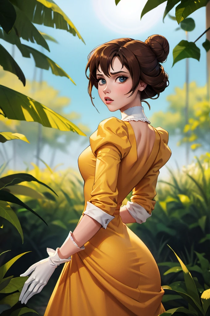 Masterpiece, Best Quality, outdoor, Lens flare, depth of field, 1 girl, Alone, looking at the viewer, old, JANE PORTER, short hair, Bun, yellow dress, long dress, puffy sleeves, comforter, white gloves, cowboy shot