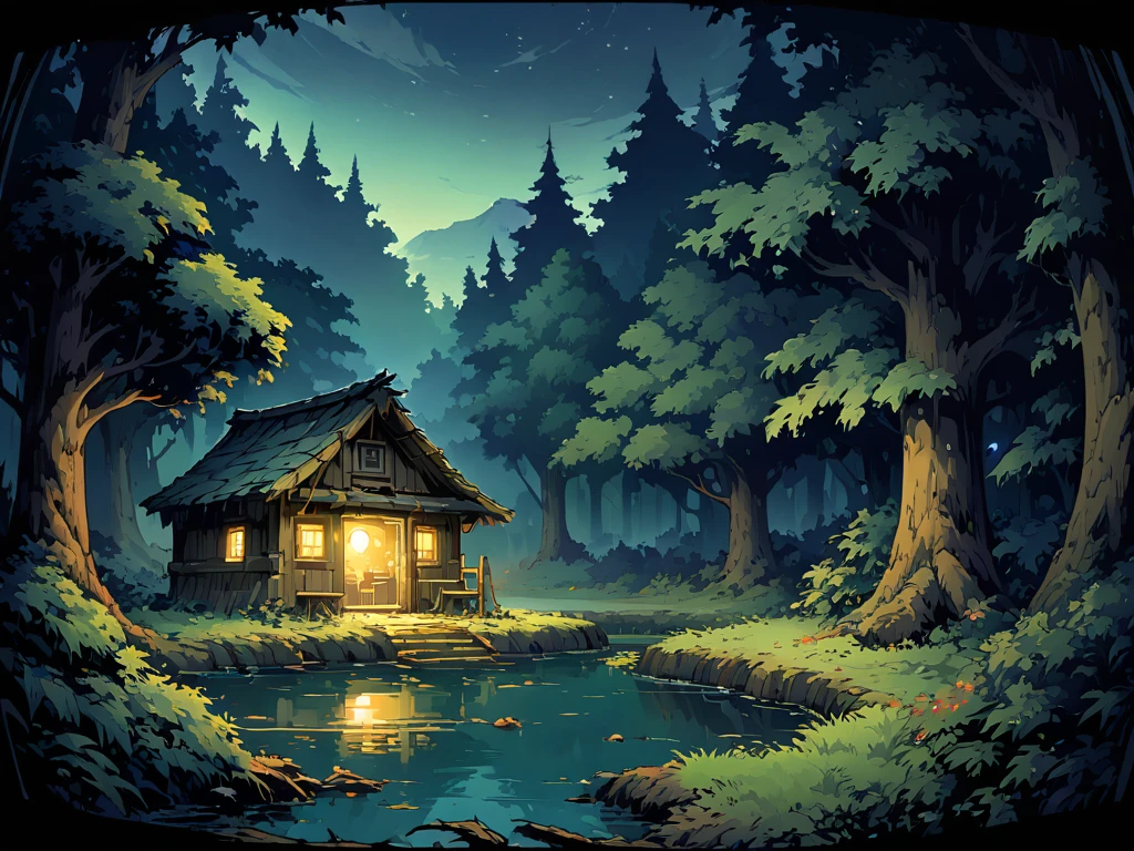 forest，The forest is shrouded in a mysterious glimmer，There is a lake in the forest，The lake is surrounded by bushes and trees，There is a dilapidated cabin。night，Night view。Mid-ground composition，Panorama pictures，Scene screen，Game concept art style，Anime illustration style，HD，4K。