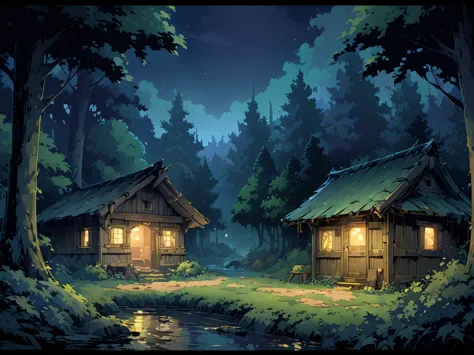 forest，forest被神秘的微光笼罩，forest有一个湖，The lake is surrounded by bushes and trees，There is a dilapidated cabin。night，Night view。Mid-gr...